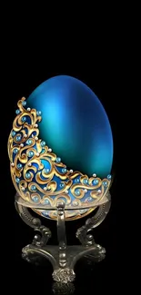 Luxury blue egg design with golden accents on black background.