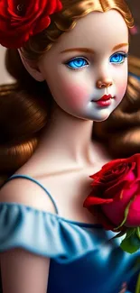 Elegant digital art of a doll with blue eyes and a red rose.