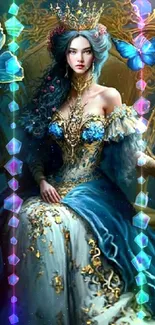 Fantasy art with regal woman and blue butterflies.