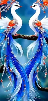 Fantasy art with elegant blue and white birds on a branch.