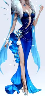 Elegant woman in blue fantasy dress with shimmering details.