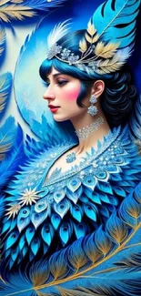 Elegant portrait of a woman with blue feathers in a fantasy style wallpaper.