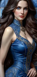 Fantasy woman in blue gown with intricate details.