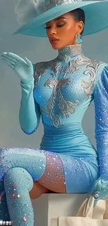 Elegant woman in blue outfit with hat and gloves.