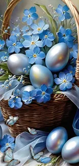 Basket with blue flowers and glossy eggs.