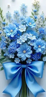 Elegant blue floral bouquet with ribbon on white background.