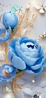 Elegant blue flowers and butterflies wallpaper with golden accents.