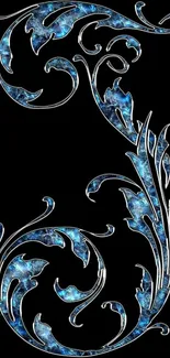 Elegant blue floral design on black background.