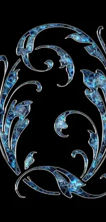 Elegant blue floral design on black background wallpaper.