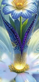 Elegant blue floral digital art wallpaper with intricate designs.