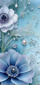 Elegant blue floral design with sparkling details on wallpaper.