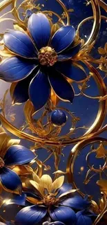 Elegant blue and gold floral mobile wallpaper design.