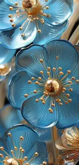 Gold-accented blue flower wallpaper design.