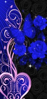 Elegant wallpaper with blue flowers and butterfly, pink swirls.