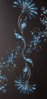 Elegant blue floral design on black background wallpaper.