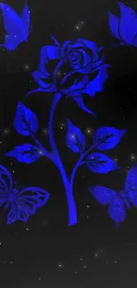 Blue rose and butterflies on black background wallpaper.