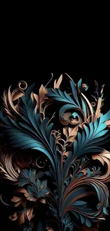 Elegant blue and bronze floral pattern on black mobile wallpaper.