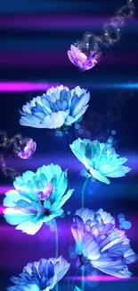 Fantasy blue flowers with butterflies on a dark background wallpaper.