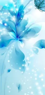 Elegant blue floral design wallpaper with butterfly.