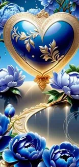 Elegant blue floral heart with gold accents.