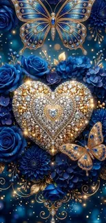 Jeweled heart with blue roses and golden butterflies.