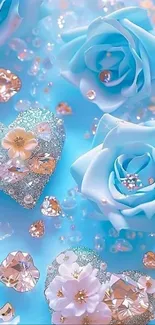 Blue roses and sparkling hearts wallpaper design.