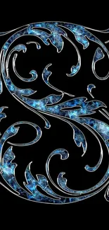 Elegant blue floral monogram on black background.