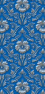 Elegant blue floral pattern wallpaper with intricate design.