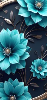 Elegant teal floral wallpaper with gold accents.