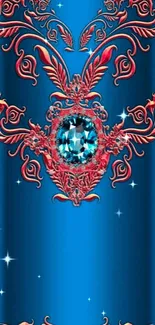 Blue wallpaper with red floral designs and jewel accent.