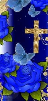 Blue roses with butterflies and golden accents on a dark background.