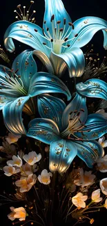 Elegant wallpaper with teal blue lilies and delicate floral accents.