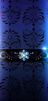 Elegant blue floral wallpaper with glowing jewel and patterns.