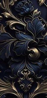 Elegant dark blue floral wallpaper with gold accents.