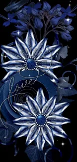 Elegant blue floral wallpaper with intricate design on dark background.