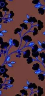 Elegant blue floral wallpaper with a brown backdrop.