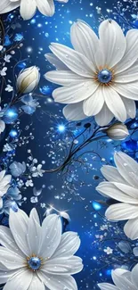 Elegant white flowers on a blue starry background wallpaper.