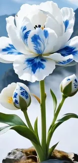 Elegant blossom with blue hues on a scenic landscape background.