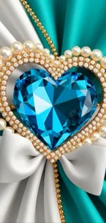 Blue gem heart with pearl border and teal drapery
