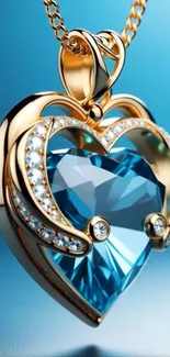 Golden heart necklace with blue gemstone.