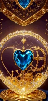 Elegant blue gem heart in a golden clockwork design for mobile wallpaper.