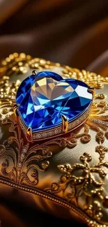 Blue heart-shaped gem on a golden cushion background.