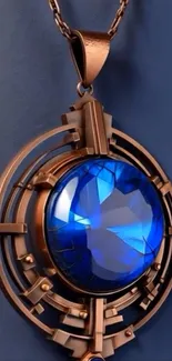 Elegant blue gemstone pendant on a chain with intricate details.