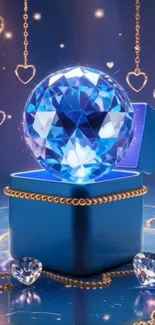 Blue gemstone in a box with gold heart chains.