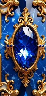 Ornate wallpaper with blue gemstone and gold accents.