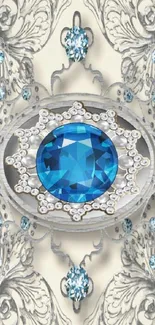 Elegant wallpaper with blue gemstone and silver ornate details.