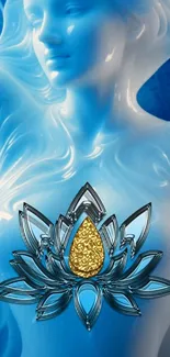 Blue goddess with lotus emblem wallpaper, featuring gold accents.