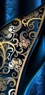 Elegant mobile wallpaper with blue and gold floral pattern.