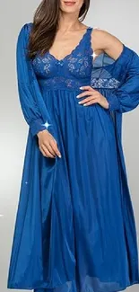 Elegant woman in a flowing blue gown.