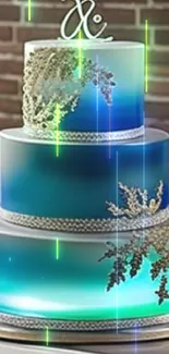 Three-tier blue gradient cake with gold decorations.